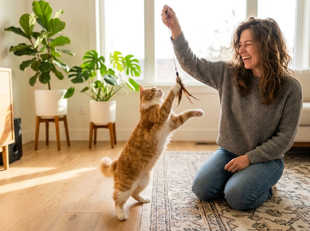 Junge Frau spielt lachend mit ihrer Katze, die nach dem Federspielzeug springt