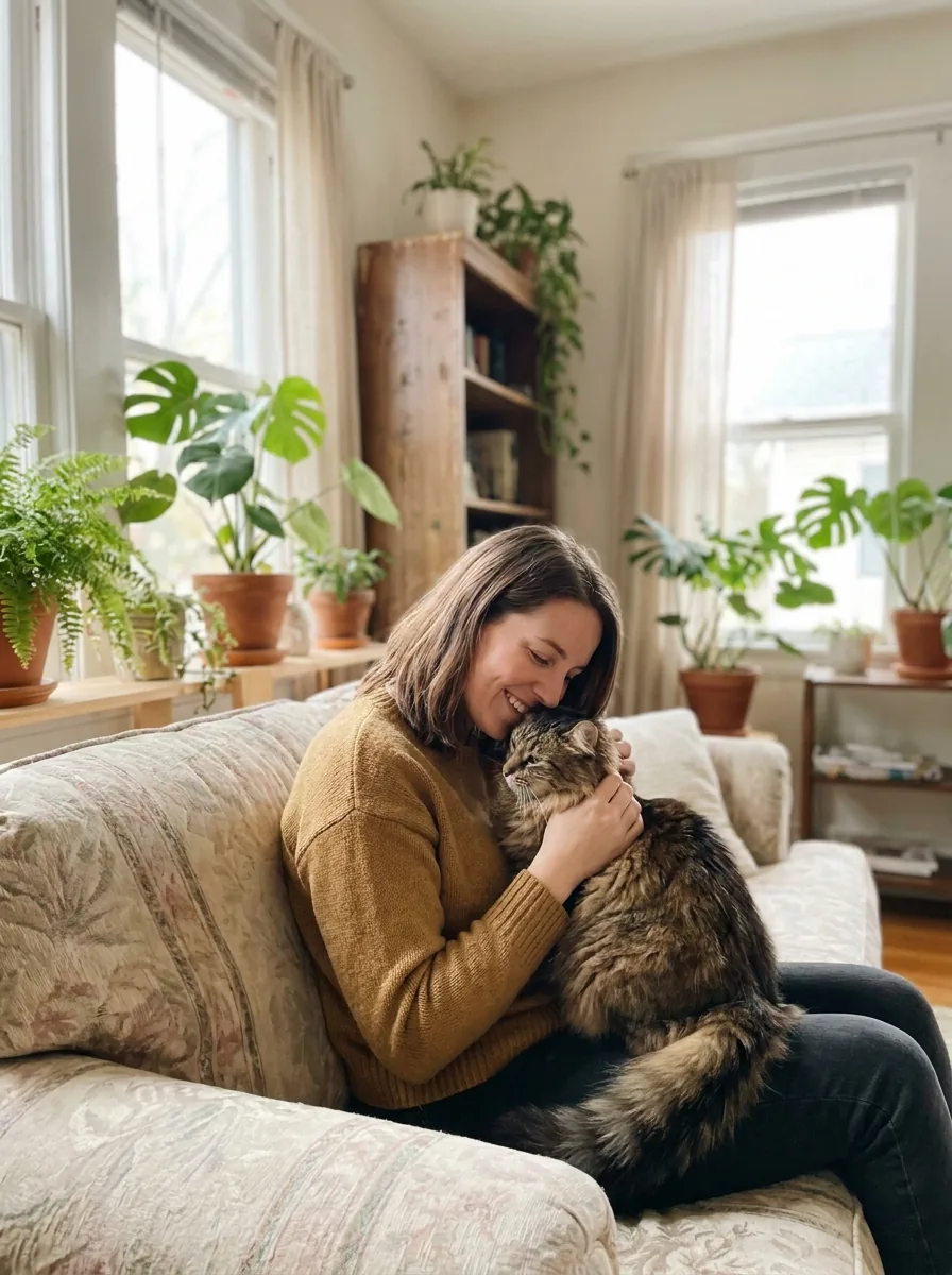 Katrin, Katzenpsychologin, mit einer Katze auf dem Schoß
