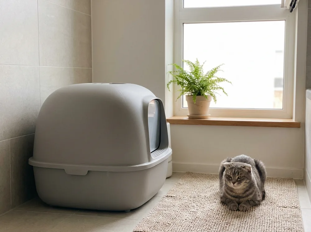 Katze neben Katzenklo